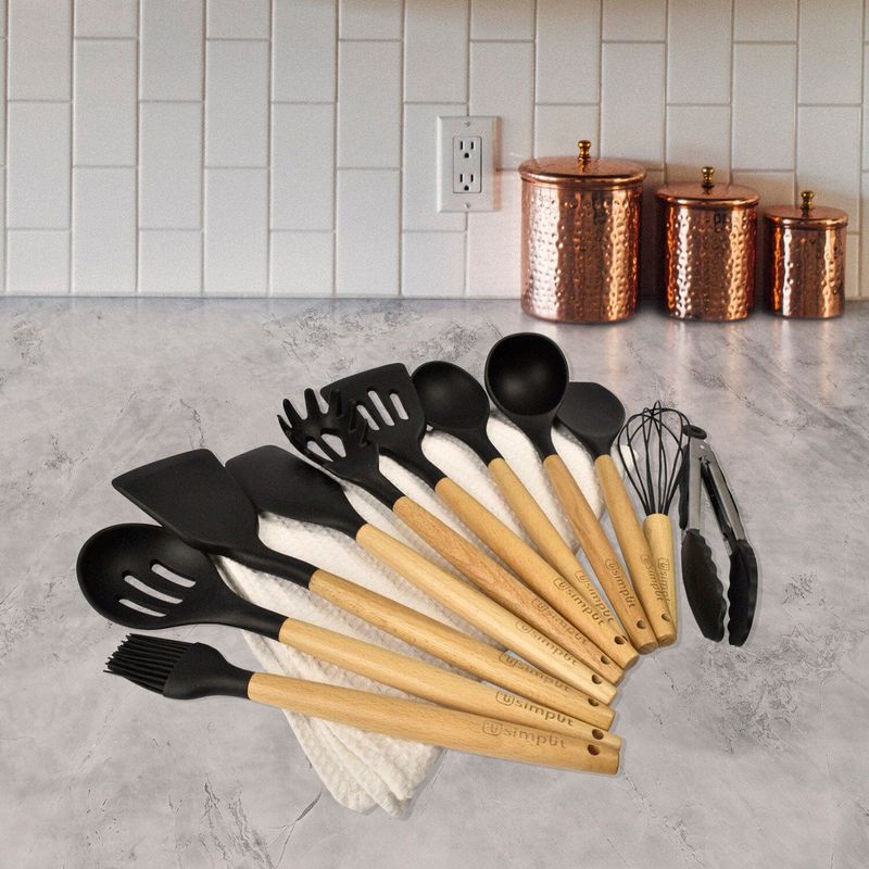 GENERICO Juego Utensilios de cocina silicona con madera 10 pcs Negro