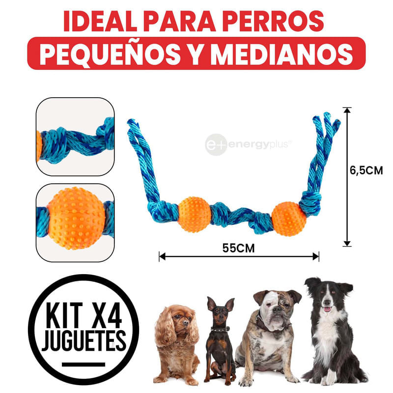 4 Juguetes con pelota y cuerda resistente para perros medianos