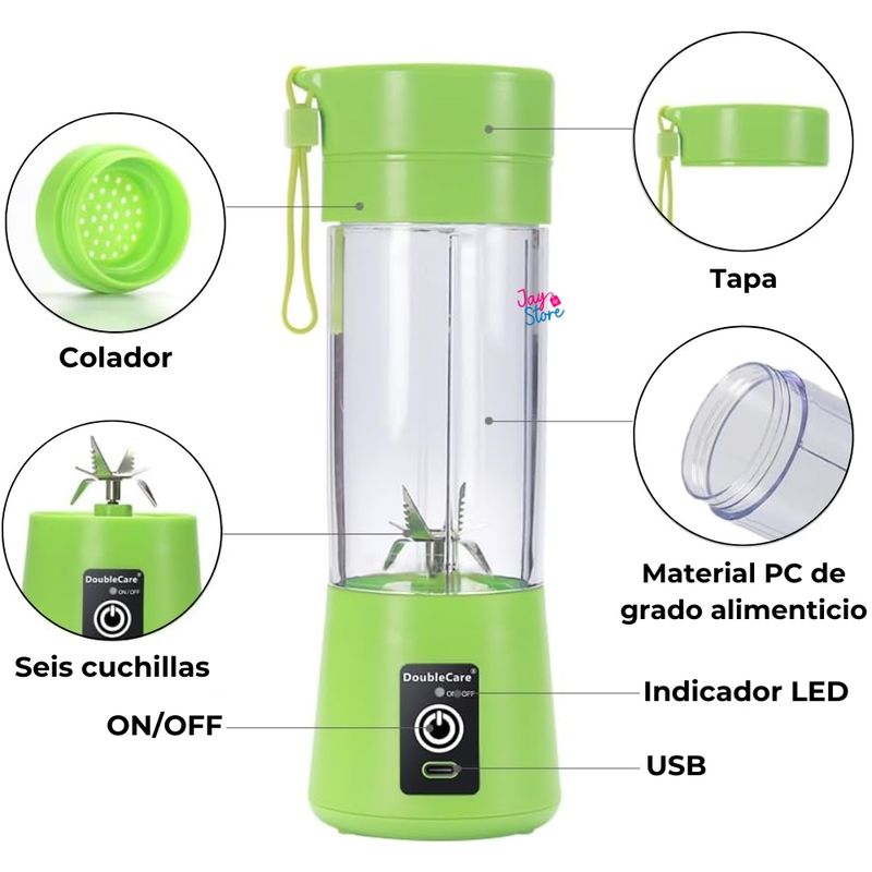 Licuadora Portatil Recargable USB Batidora Personal Termo 380mL