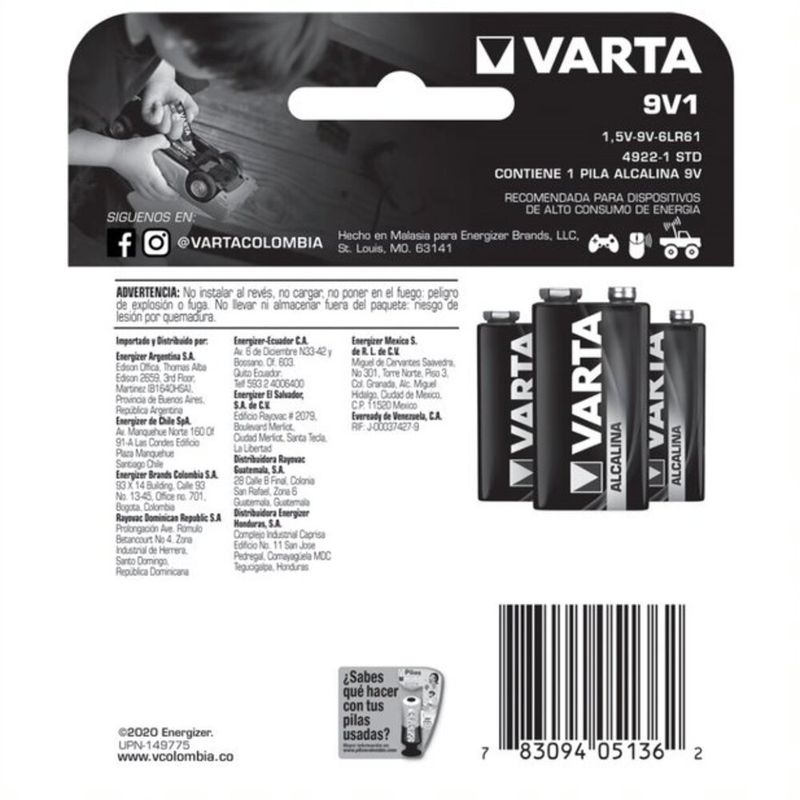 PILA VARTA ALKALINA 9V REF 492_L