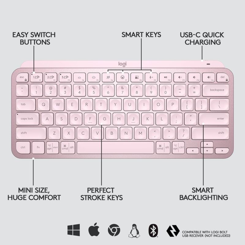 Teclado inalámbrico Logitech MX Keys Mini, rosado