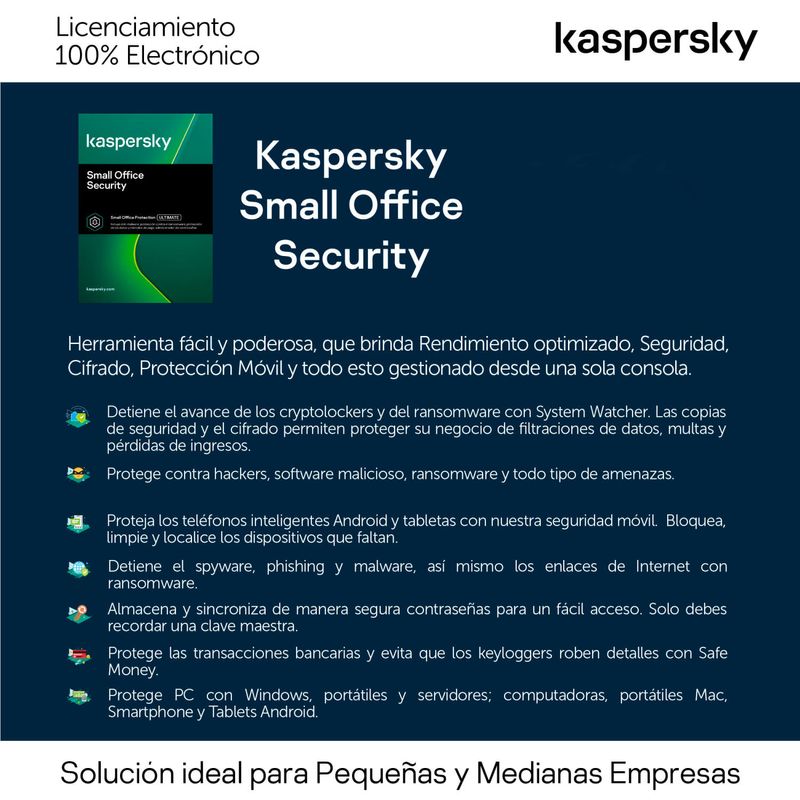 Licencia Kaspersky Small Office Security 8 / 5 dispositivos / 1 Server / 3  años-Base