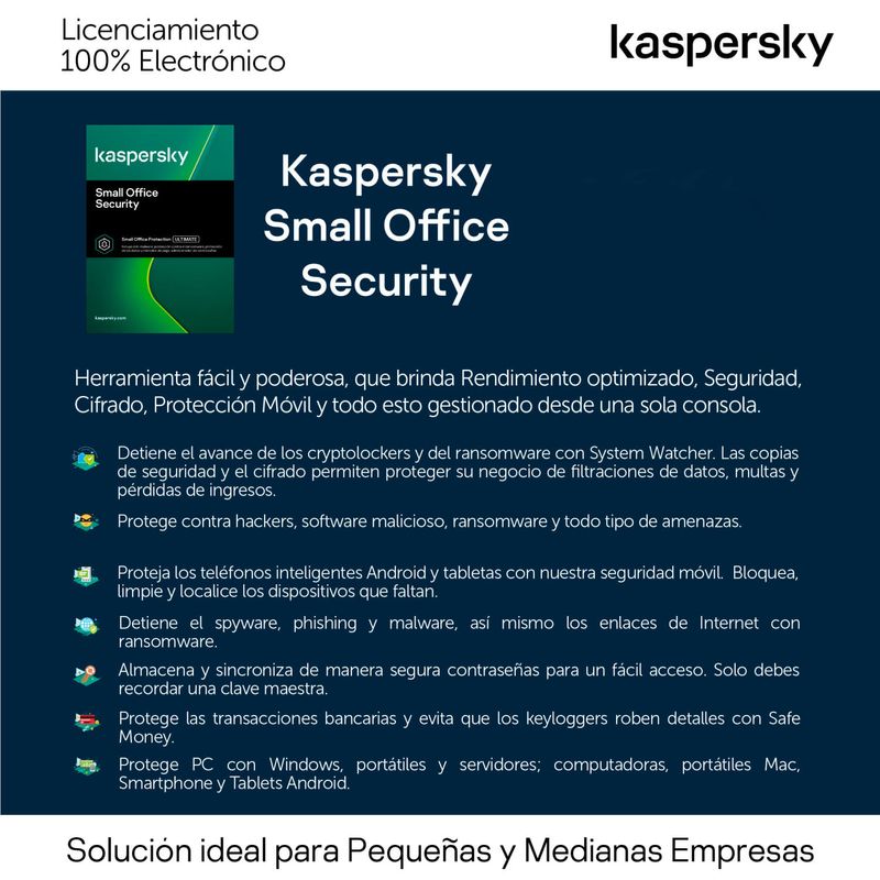 Licencia Kaspersky Small Office Security 8 / 15 dispositivos / 2 Server / 3  años-Base