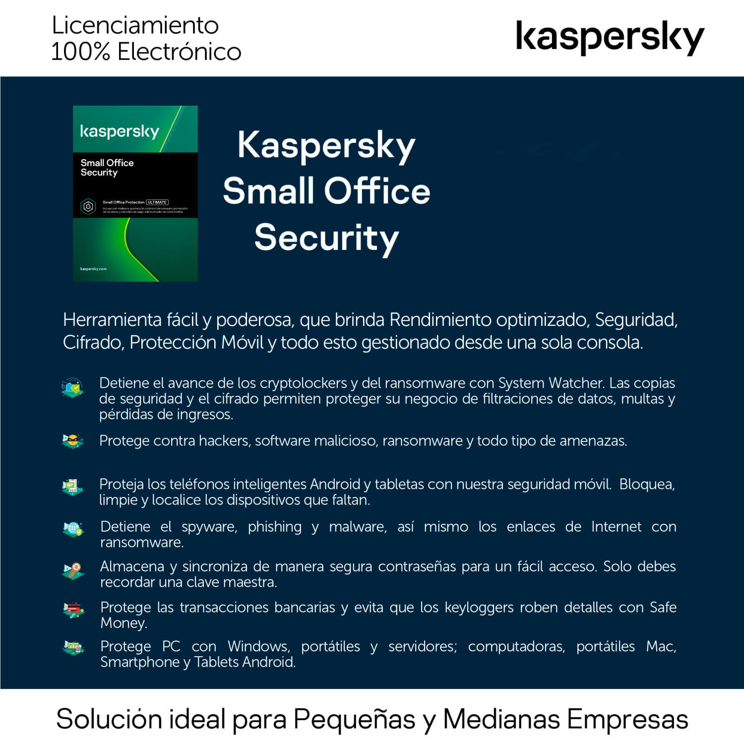 Licencia Kaspersky Small Office Security 8 / 15 dispositivos / 2 Server / 3  años-Base