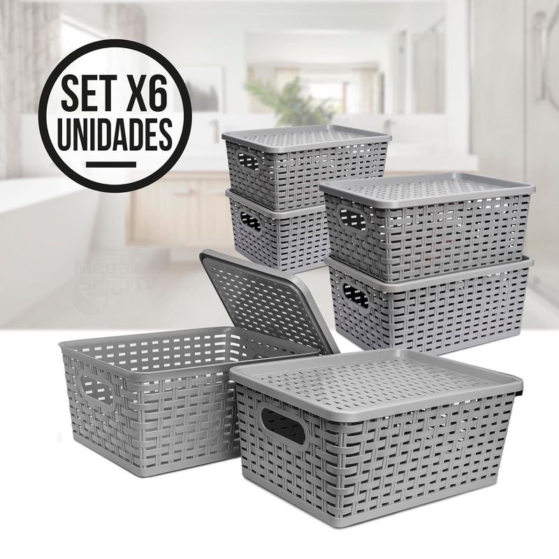Set X6 Cajas organizadoras con tapa canasta mimbre plástico Gris