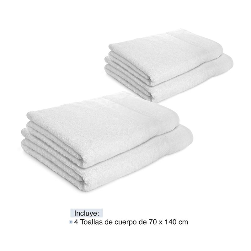 4 Toallas de baño Grandes (100x150 cms) 100% algodón Color Blanco. 450  Gramos/m2.